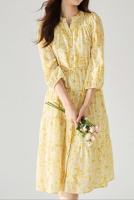 rachel floral puff sleeve midi dress - yellow