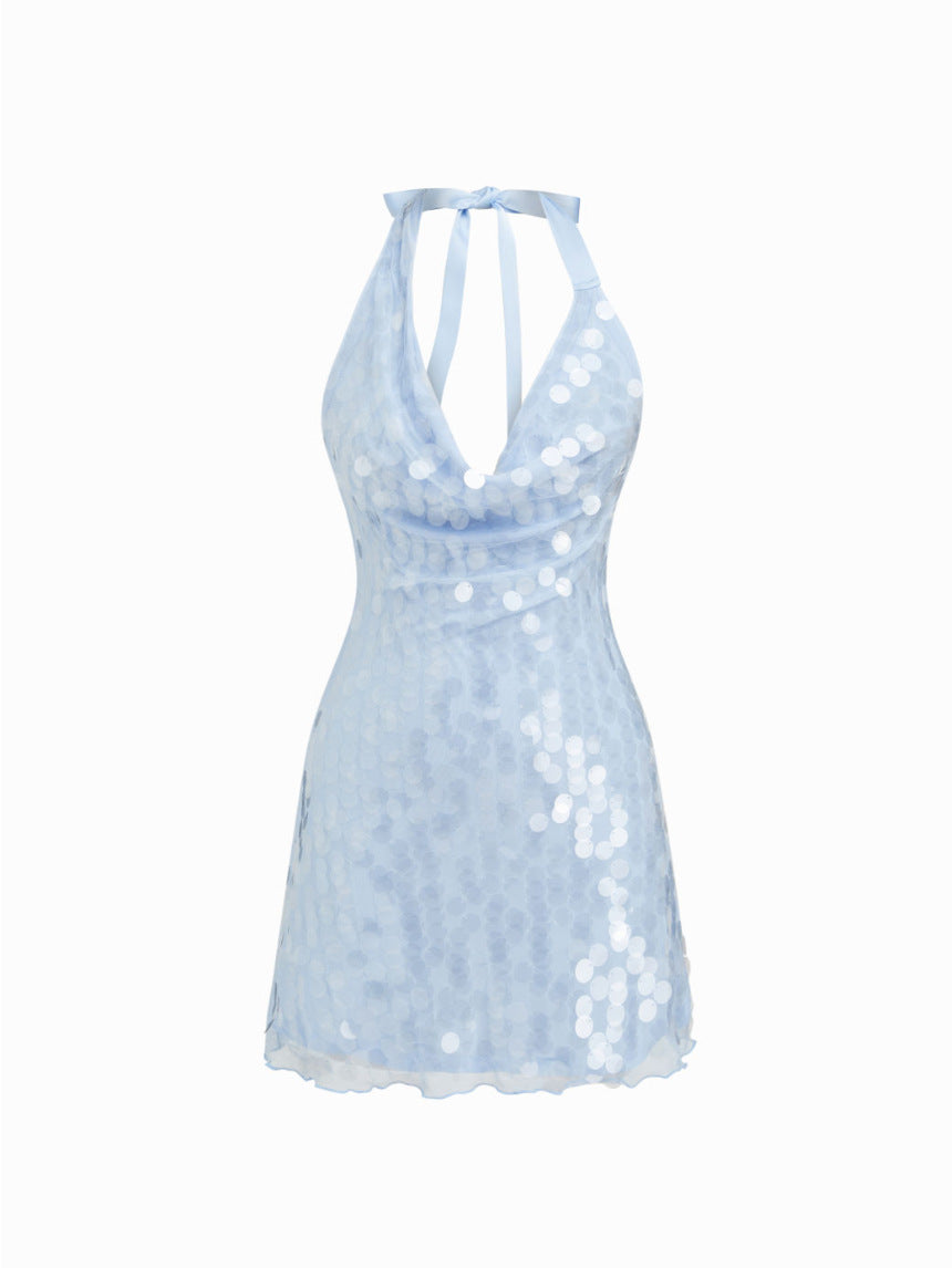 blue halter neck lace-up beads V-neck open back strap dress