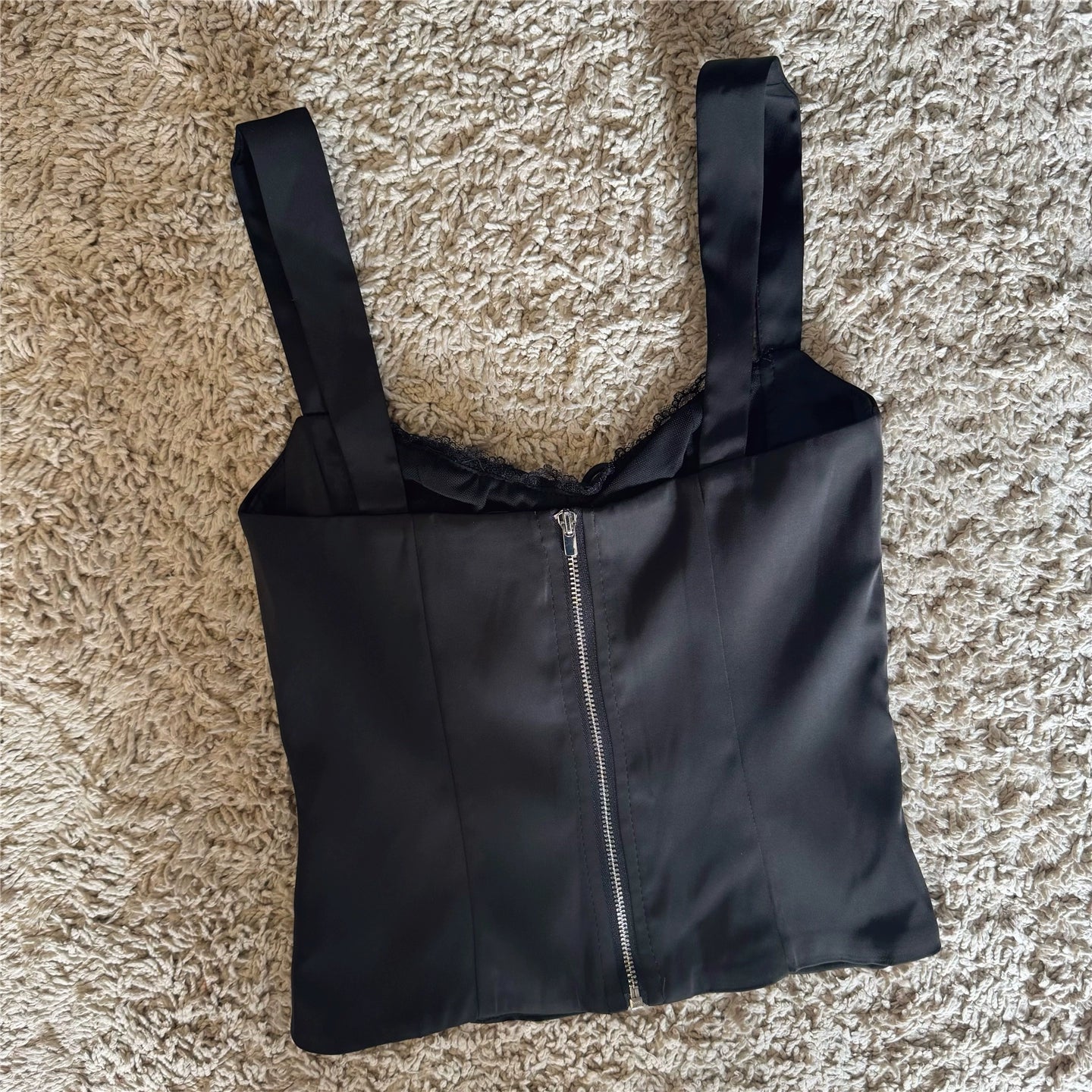 vintage lace paneled bow lace-up black satin glossy cropped suspender top