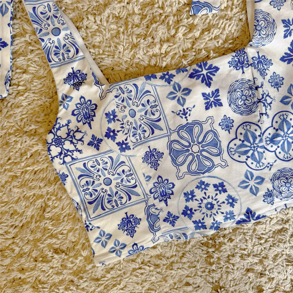 blue and white printed bow high-waisted short vest