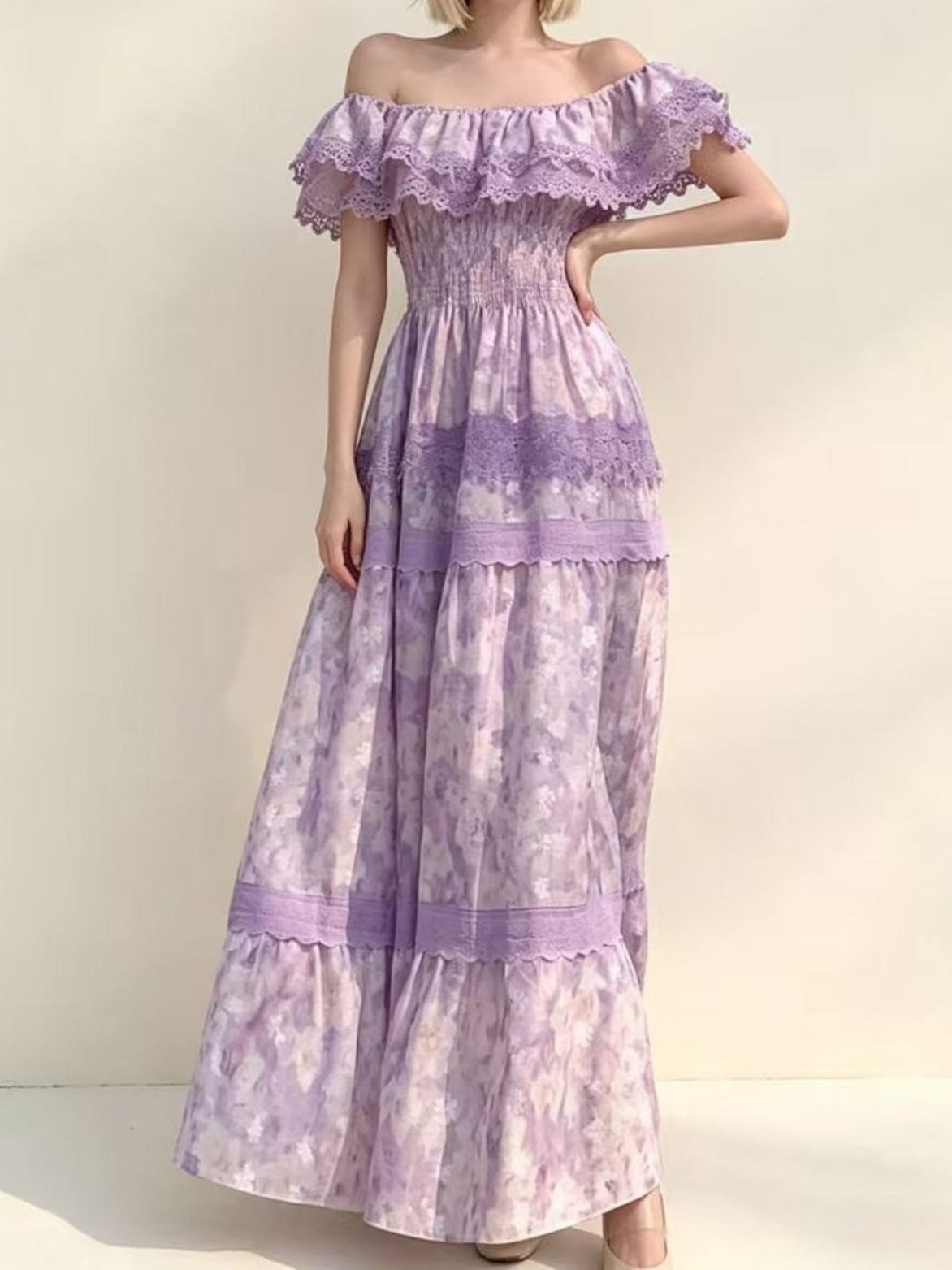 printed lace patchwork off-shoulder ruffle maxi dress - purple