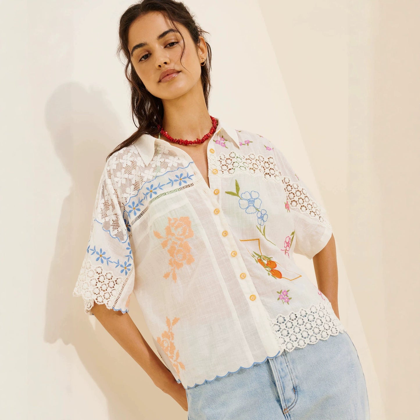 cream-white embroidered lace patchwork shirt