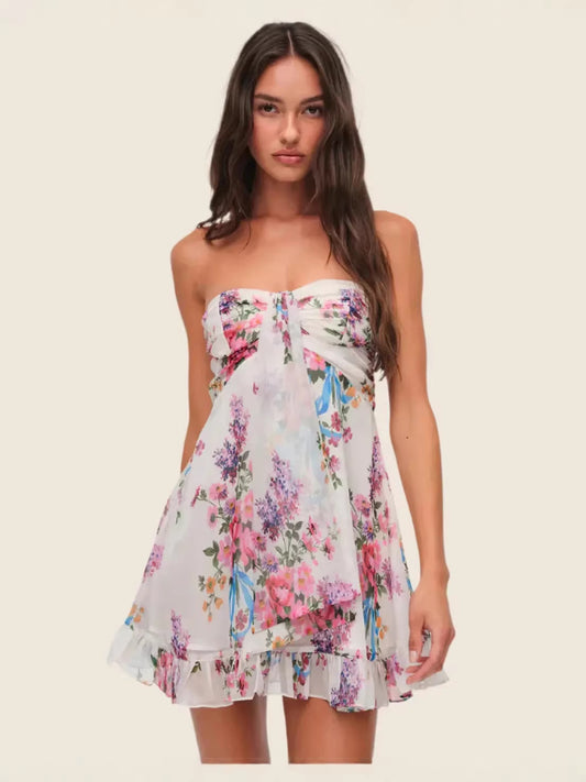 Floral print strapless chiffon ruffled mini dress