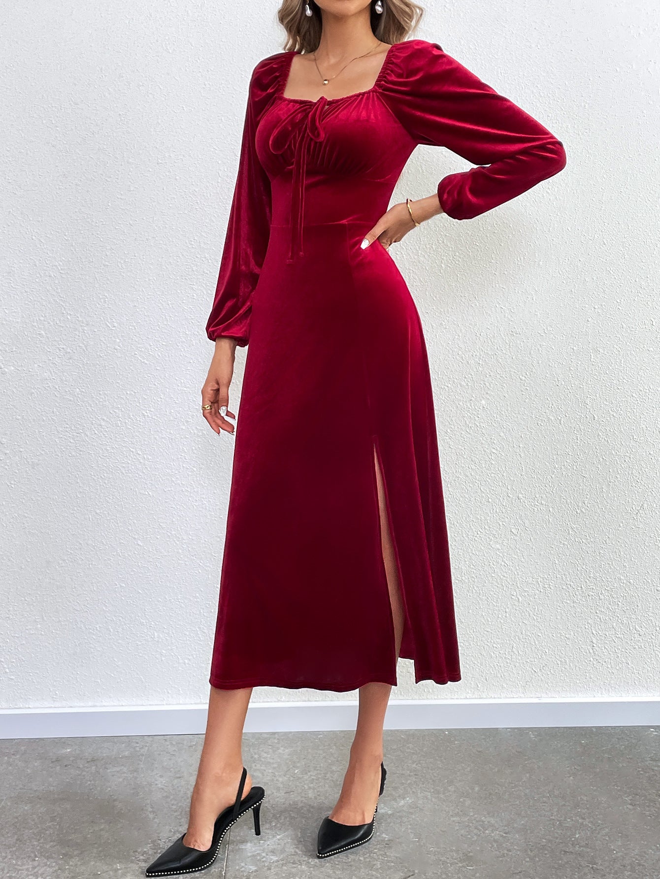 wine red Slit square neck puff sleeve long velvet dress