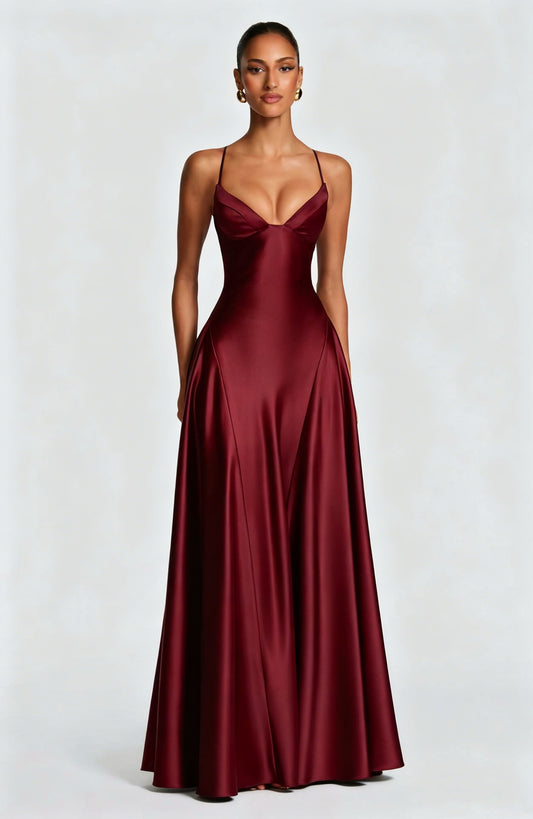 red wine Spaghetti Deep V Large Swing maxi Dress