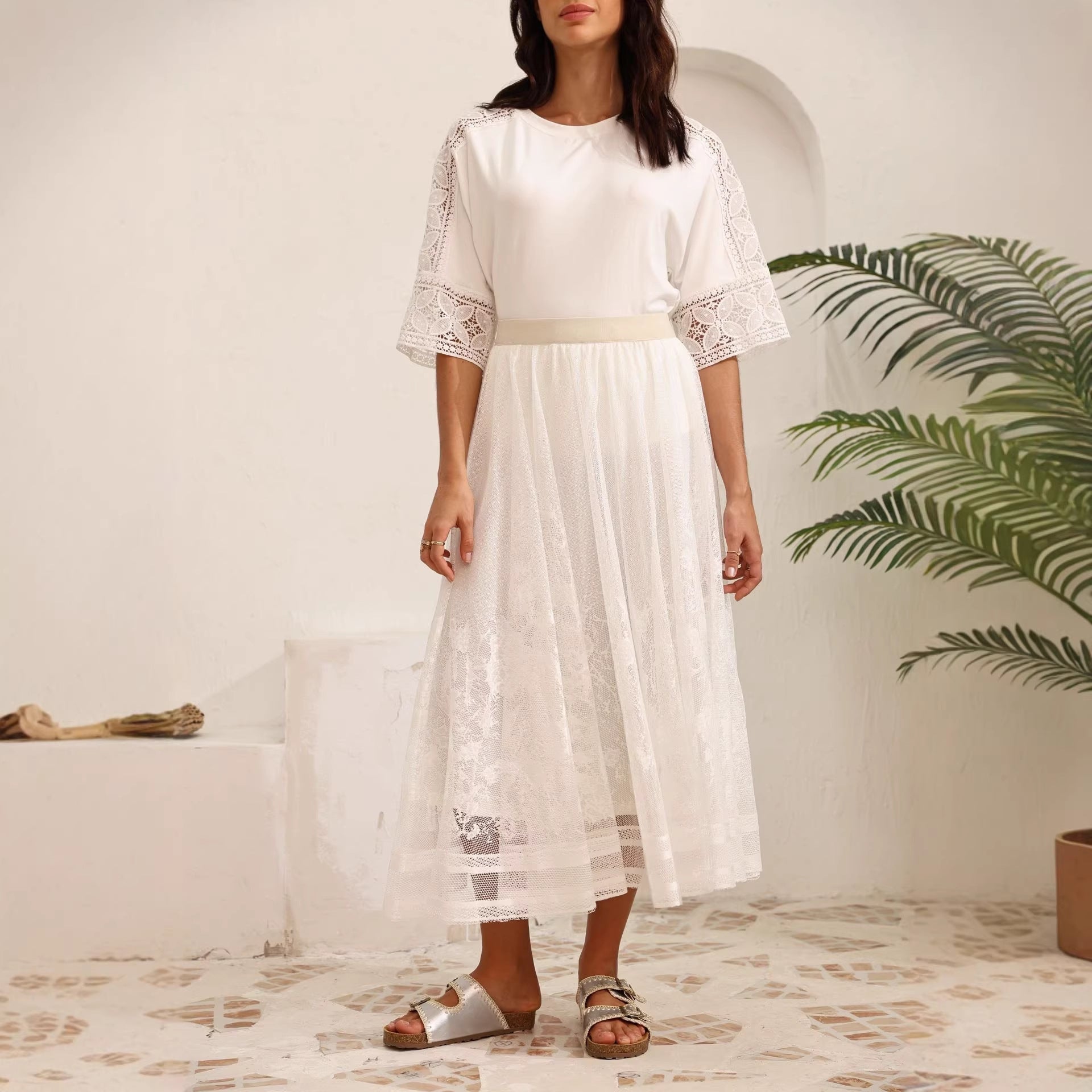 European and American cross-border foreign trade women's jacquard mesh A-line skirt French elegant commuting versatile breathable white skirt