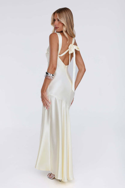 ivory satin fishtail large swing maxi dress