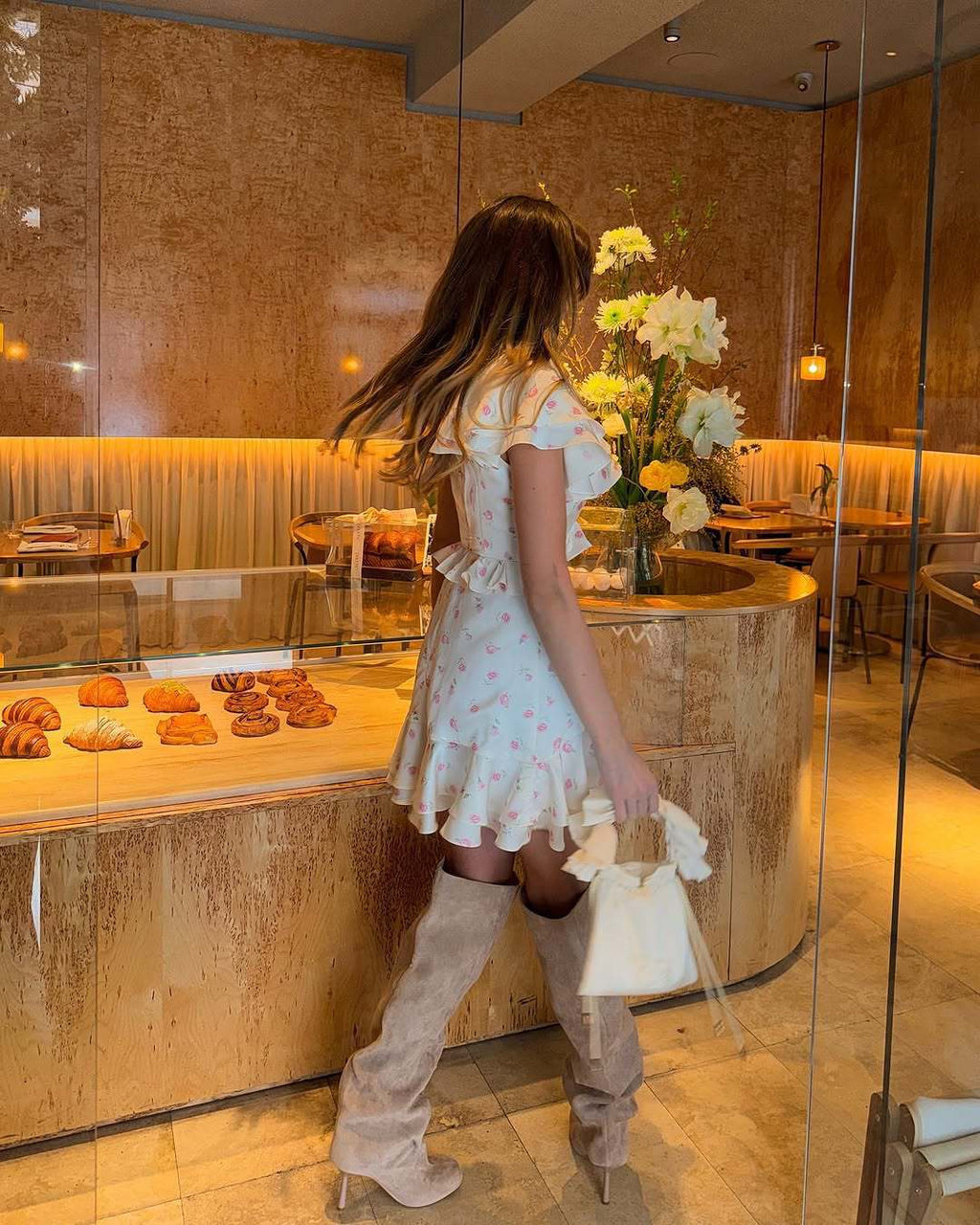 pink ruffled floral mini dress