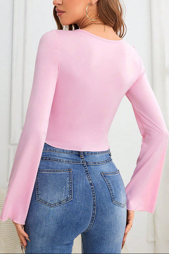 pink Irregular hem V-neck knitted long-sleeved t-shirt top