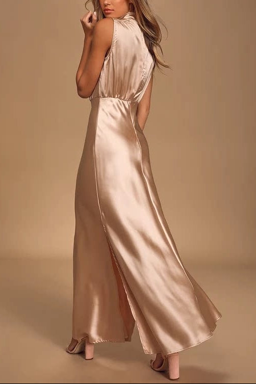 rose powder stand collar slit banquet dress