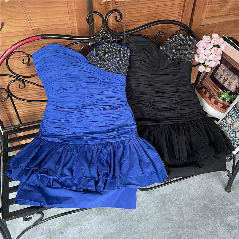 strapless Layer pinched pleated bandeau diamond ruffle slim mini dress