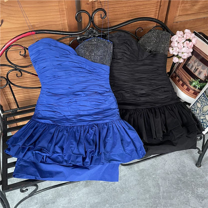 strapless Layer pinched pleated bandeau diamond ruffle slim mini dress