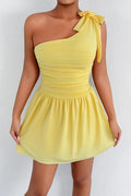yellow One-shoulder fitted waist A-line mini dress