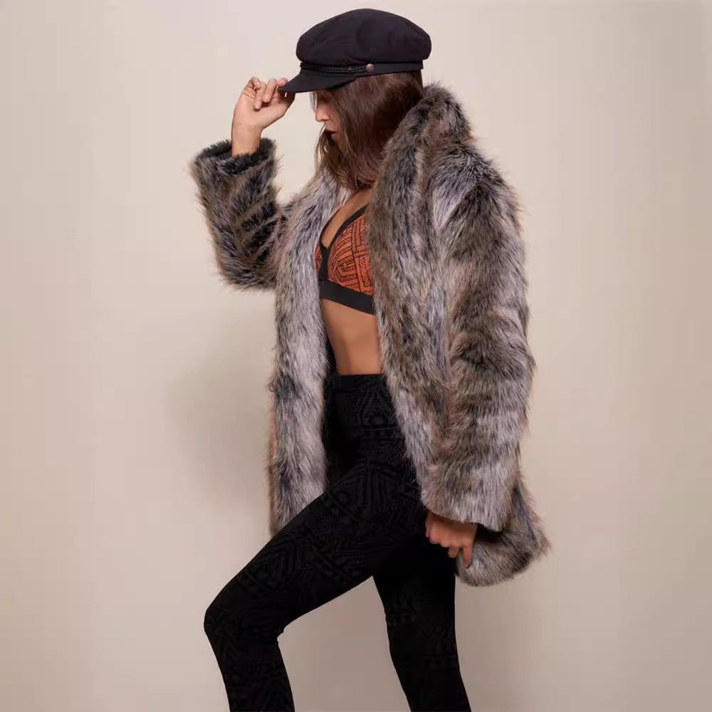 Warm Faux Fur Coat in Brown strips