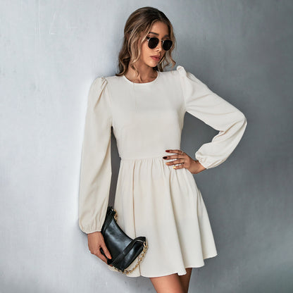 apricot A-line backless long-sleeved dress
