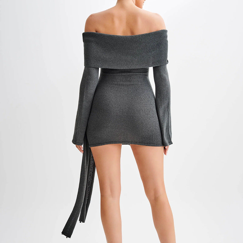 grey Off-the-shoulder long-sleeved knitted mini dress