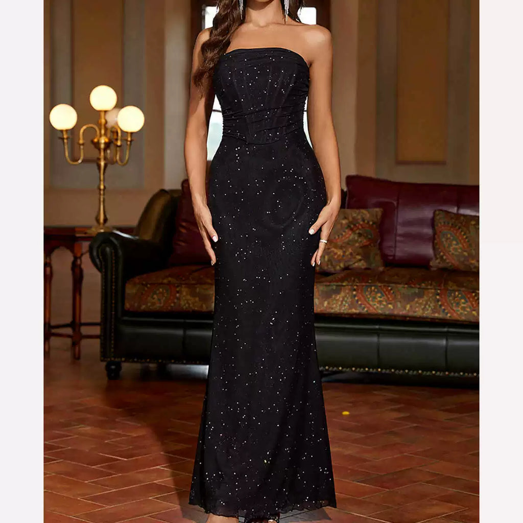 black Mesh sequined strapless dress
