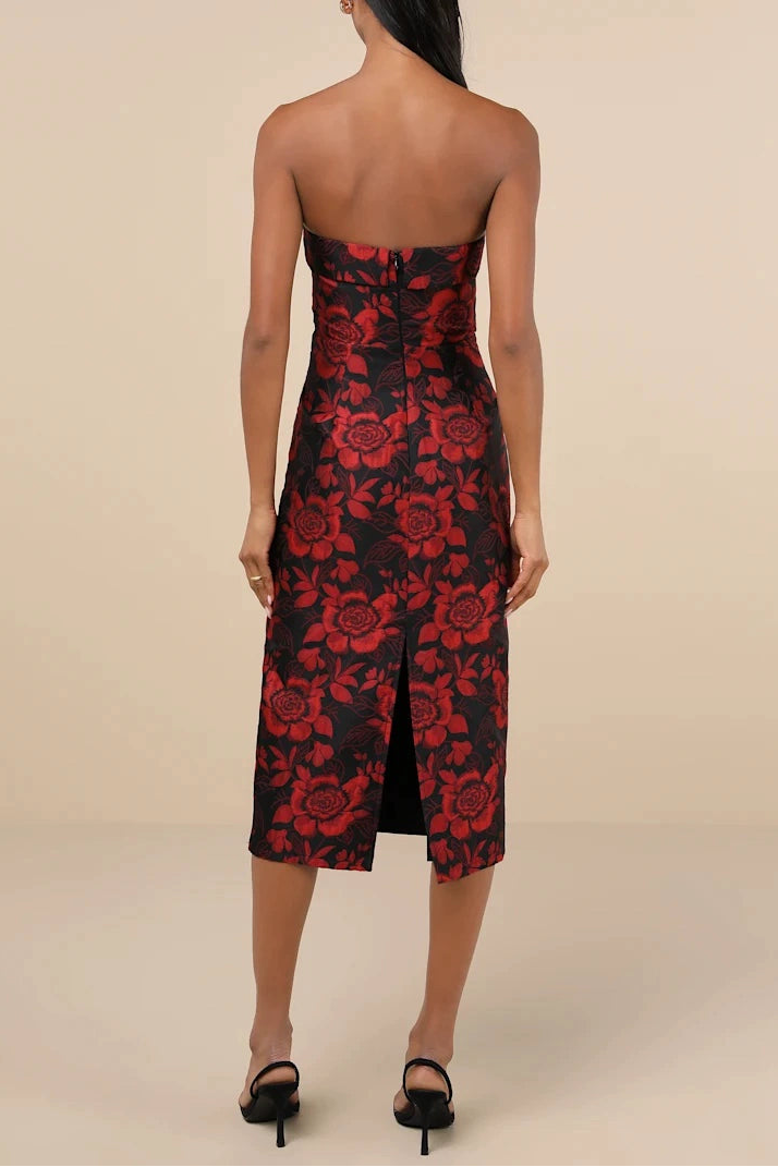 burgundy vintage embossed flower midi dress