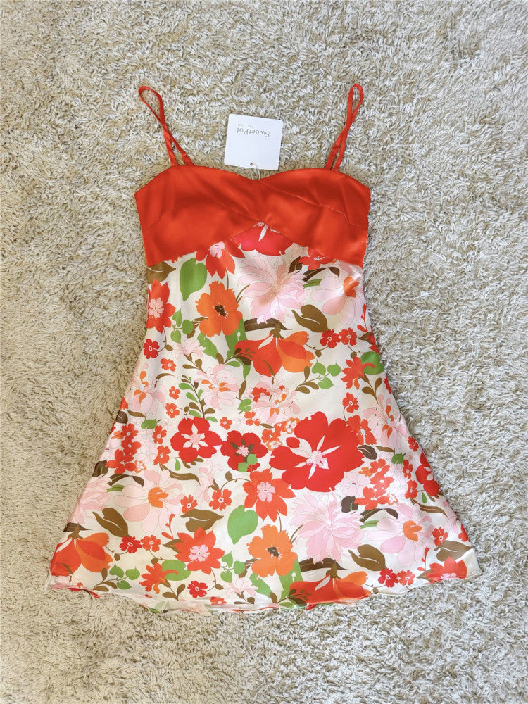 orange satin floral slip dress