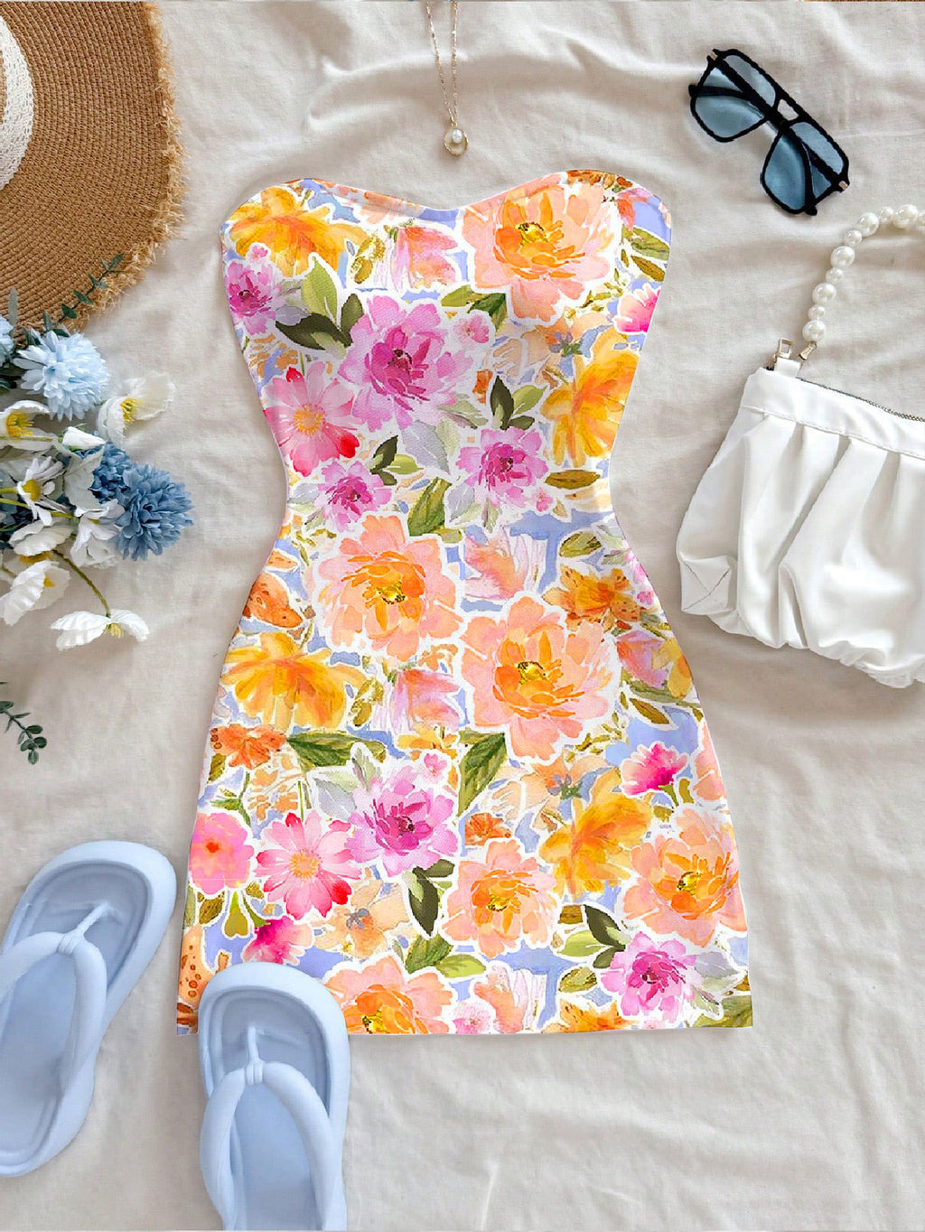 Floral print bodycon strapless mini dress