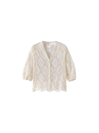 Hollow-out lace embroidered short cardigan - apricot