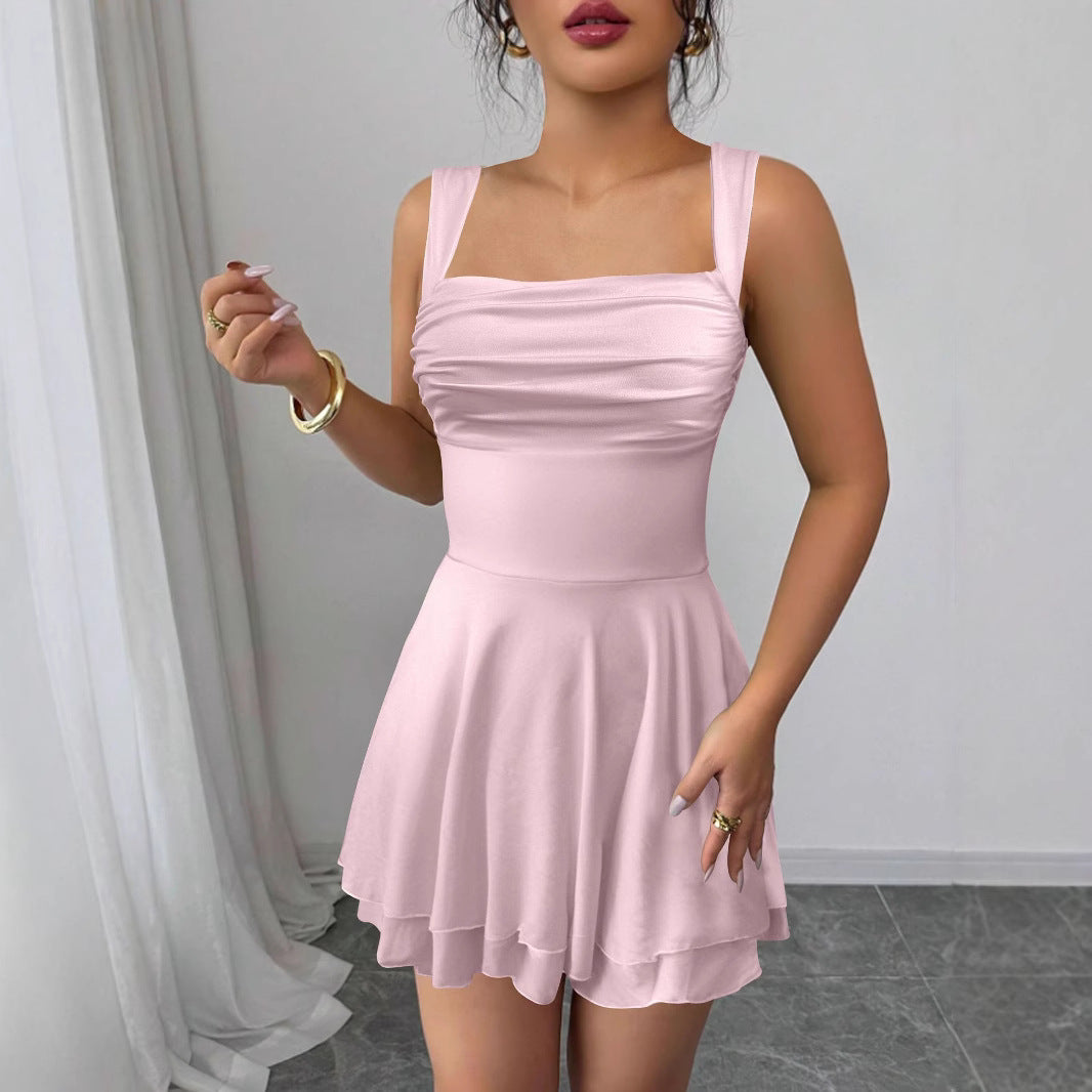 pink Square neck sleeveless suspender mini dress