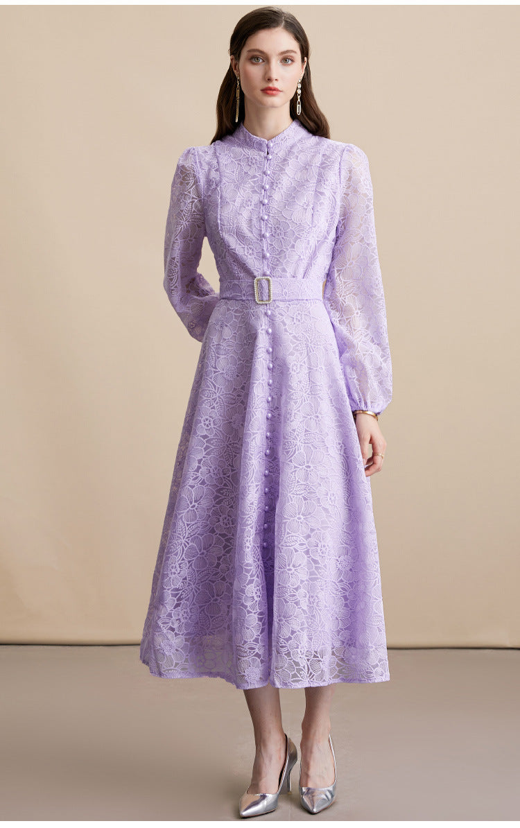 Lace embroidered stand-up collar single-breasted full skirt dress