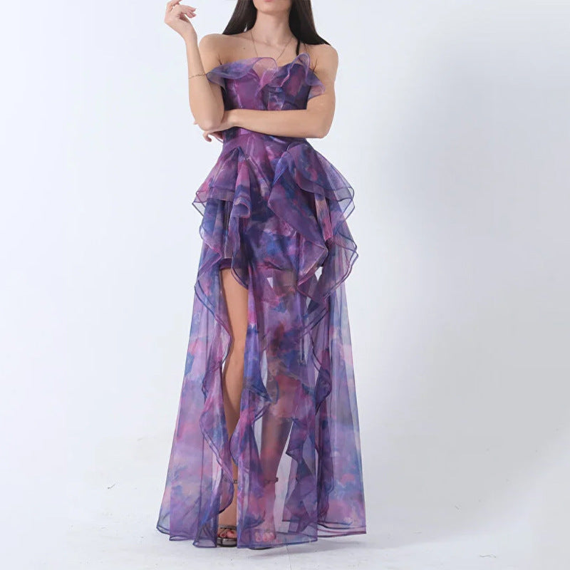 purple chiffon bandeau print dress