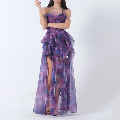 purple chiffon bandeau print dress