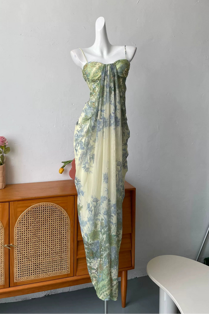 green print tie-dye slip dress
