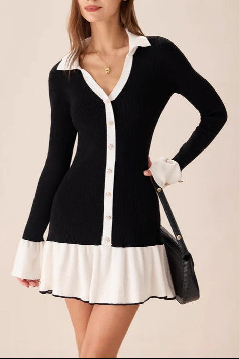 Black and white long-sleeved knitted ruffled mini dress