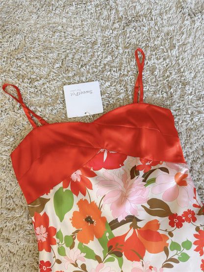 orange satin floral slip dress
