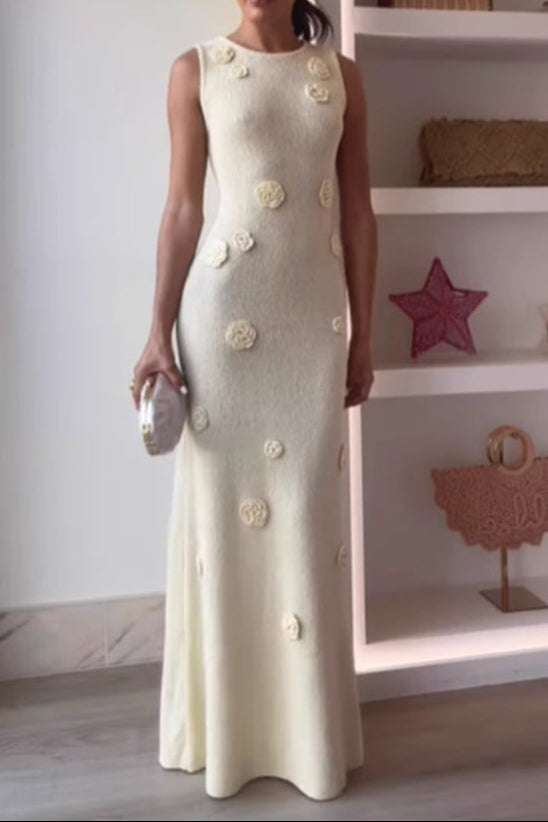 yellow three-dimensional flower knitted maxi dress