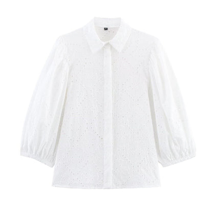 White Lap-up Collar Puffy Sleeve Hollow Embroidered Shirt