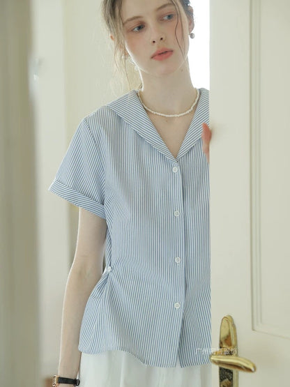 Blue striped short-sleeved shirt