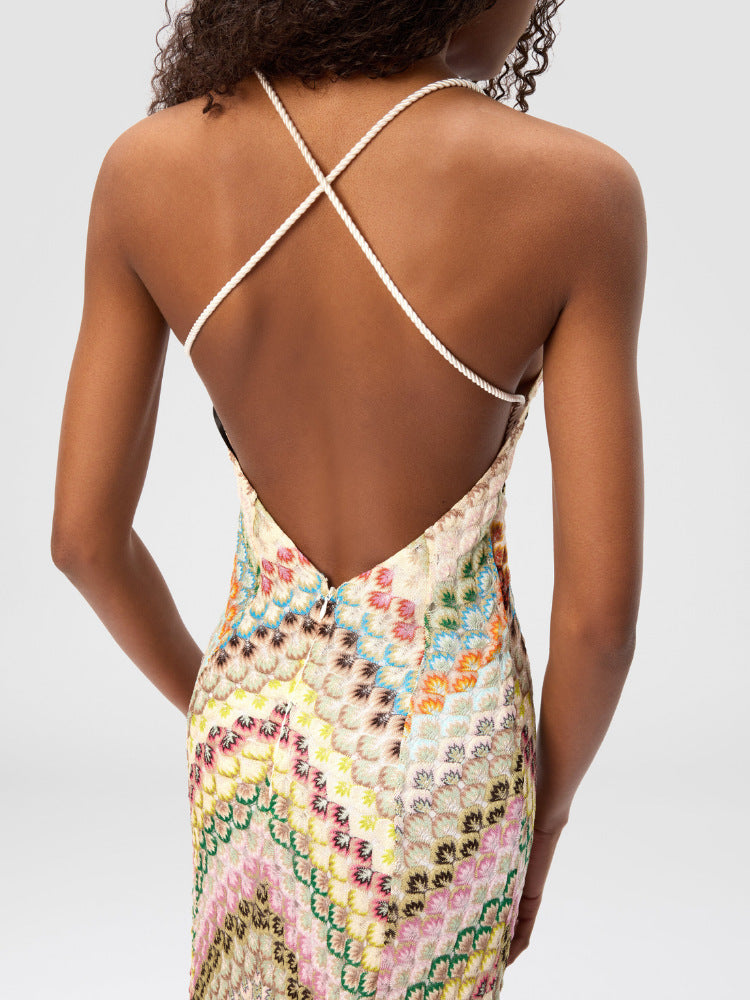 Chevron Rainbow Crochet Cross-Back Spaghetti Strap Maxi Dress