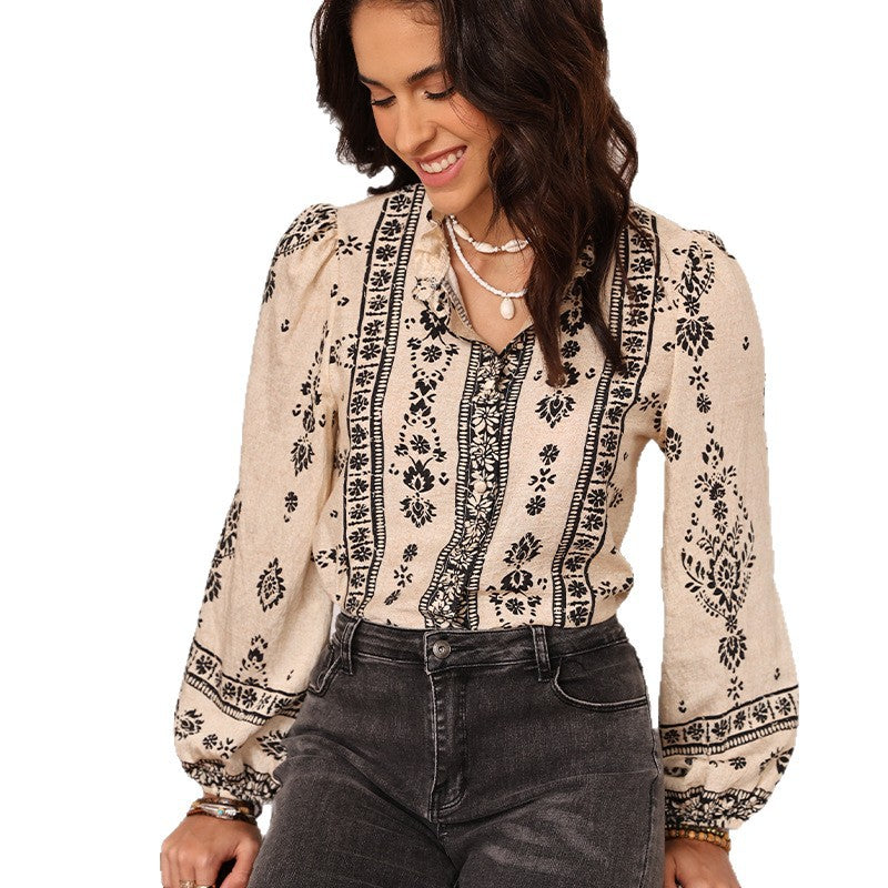 bohemian print shir stand-up collar fungus edge