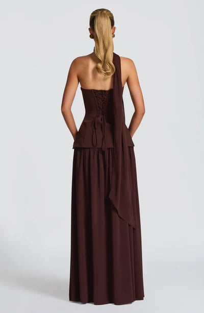 brown gauze fishbone bandeau maxi dress