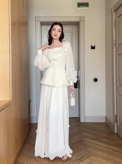 white long-sleeved maxi dress