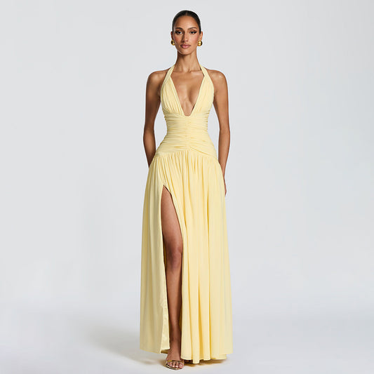 yellow halterneck slim back dress