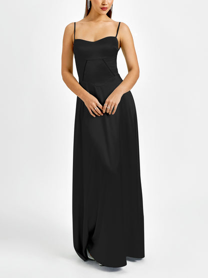 black matte satin backless slip dress