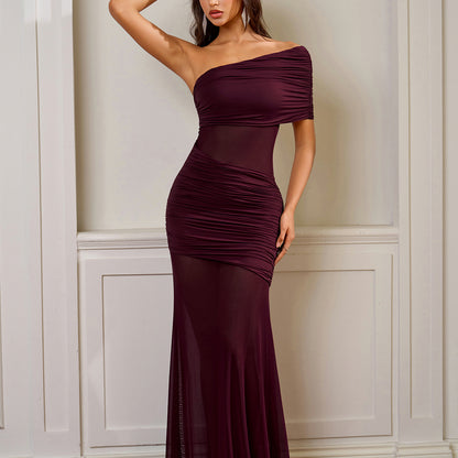 red mesh off-the-shoulder pleated slim hip-hugging dress
