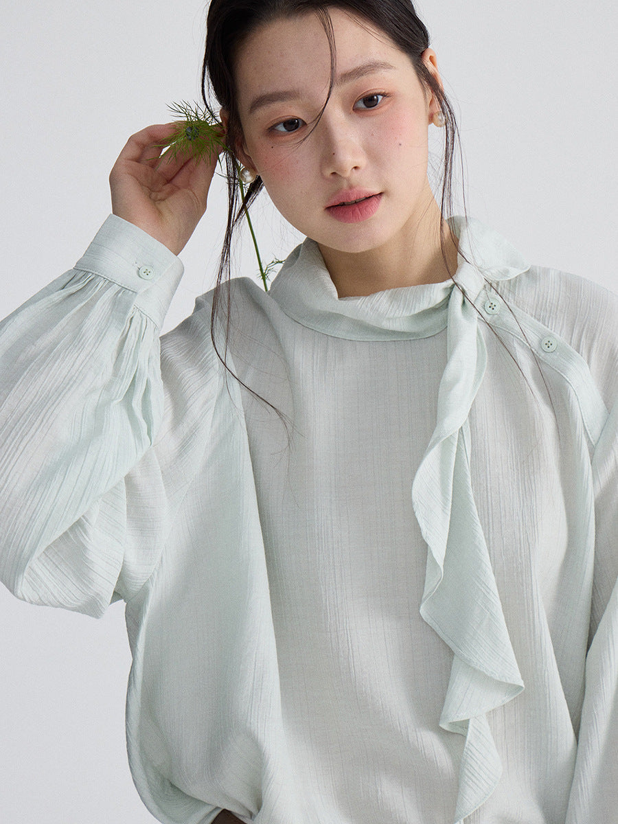 Retro side-button ruffled ribbon shirt
