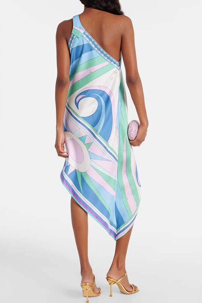 Printed Satin One-Shoulder Irregular Dress