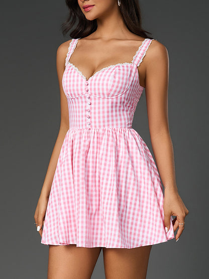 Pink plaid lace patchwork slip mini dress