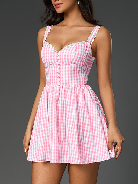 Pink plaid lace patchwork slip mini dress