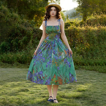 green suspender flower waist dress