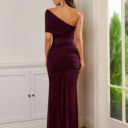 red mesh off-the-shoulder pleated slim hip-hugging dress