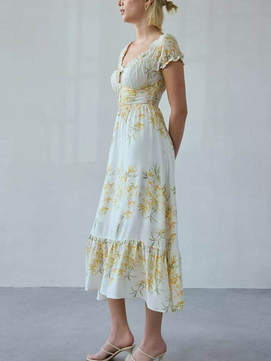 yellow floral pleated puff sleeve dress