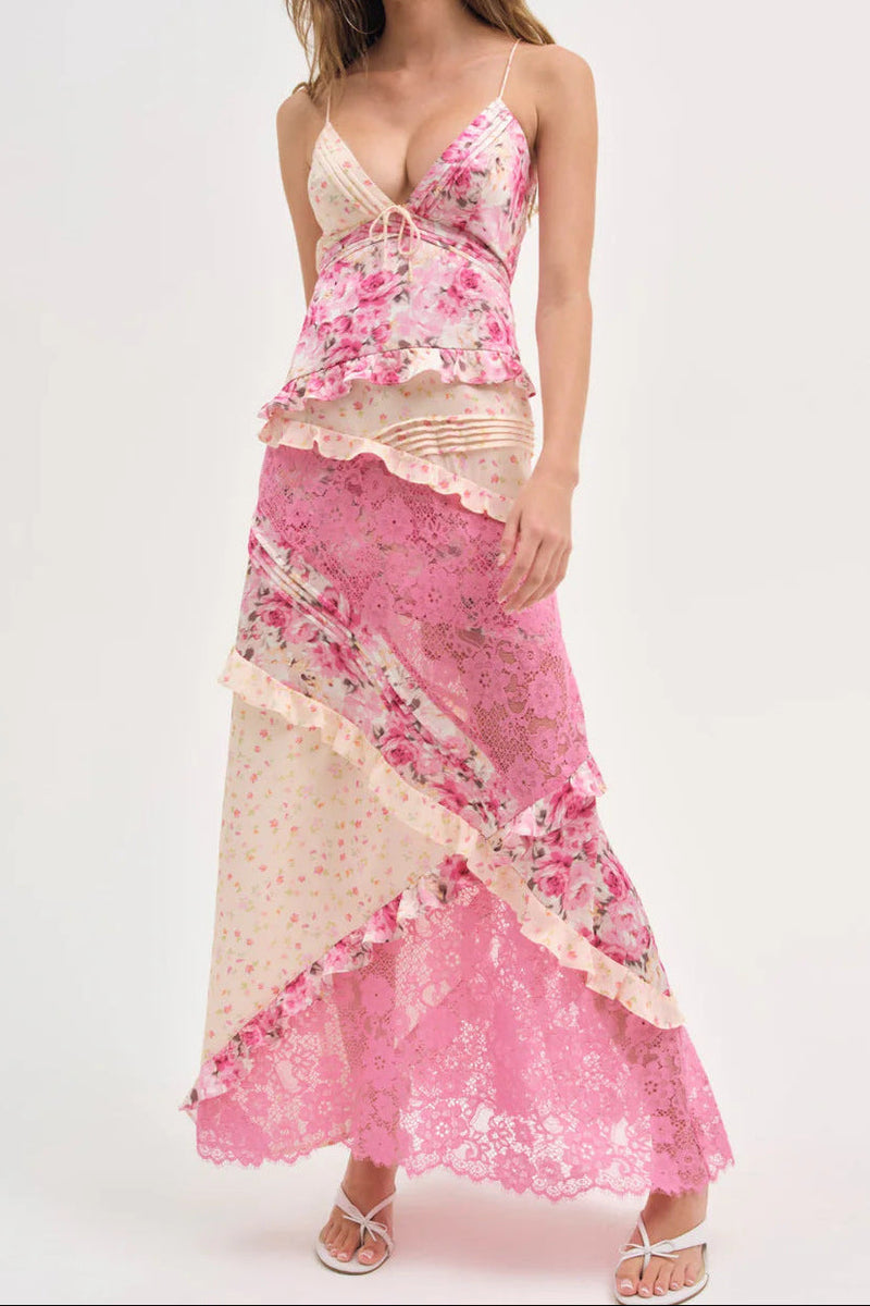 Hollow-out deep V-neck ruffled floral backless maxi dress